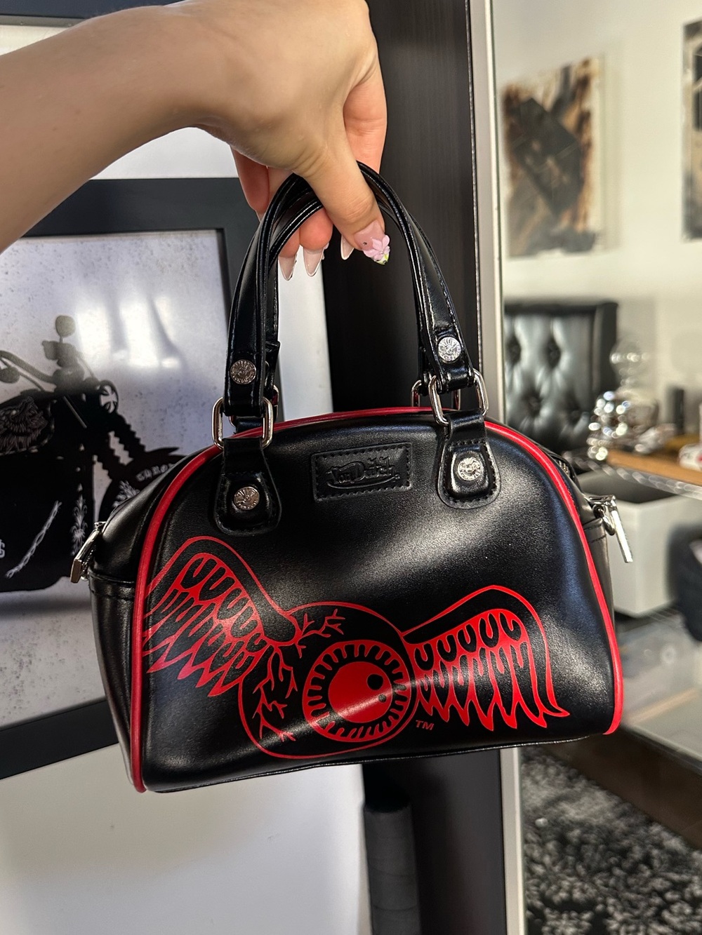 Von Dutch Black Mini Dome Satchel with Red Logo Trim - Picture 2 of 4